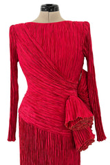 Runway Fall 1988 Mary McFadden Couture Red Pleated Dress w Gold Edged Ruffle Detailing