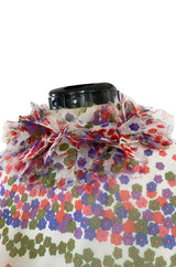 1970s Mollie Parnis Balloon Sleeve Confetti Print Silk Twill & Silk Chiffon Dress w Ruffled Collar