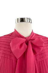 1970s Louis Feraud Haute Couture Hand Pleated Pink Silk Chiffon Day Dress w Bow