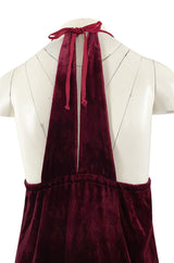 1970s Deep Front Plunge & Racer Back Halter Dress in a Jewel Toned Burgundy Silk Velvet