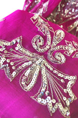 c1969 Thea Porter Couture Gold Brocade & Silver Metal Embroidered Fuchsia Dress