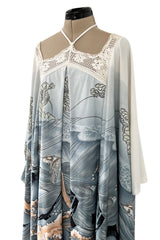 Spectacular 1970s Jean Varon Crane Print Jersey Caftan Dress w Hand Crocheted Collar