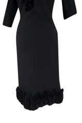Fabulous Little Late 1950s Unlabeled Black Wool Jersey Ruffled Hem & Collar Dress
