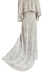 1970s James Galanos Soft Pale Grey & White Floral Print Silk & Silk Chiffon Caped Dress