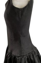 1980s Oscar De La Renta Black Silk Taffeta Dropped Waist Full Skirt Dress w Button Back