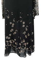 Late 1970s Pauline Trigere Black Silk Chiffon Dress w Silver Fused Glitter Flower Design