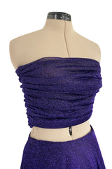 Rare 1978 Halston Couture Metallic Purple Lurex Cropped Bandeau Top & Skirt Set