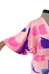 Prettiest 1970s Hanae Mori Pink Cotton Bird Print Dress w Wide Caped Sleeves