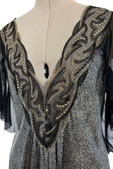 Dramatic 1980s Bob Mackie Chiffon & Gold Dress & Robe Set w Feather Trim