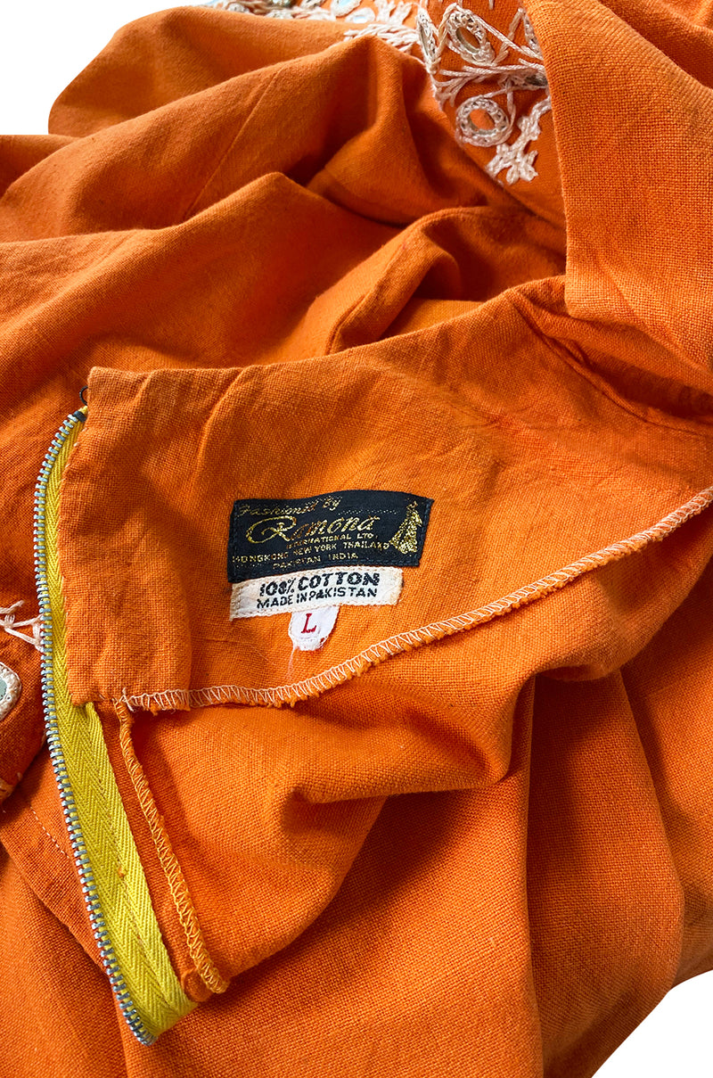 1960s Hand Applied Cord & Mirror Detailed Orange Cotton Caftan Dress