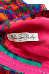 1970s Mollie Parnis Boutique Plaid Coral Blue & Green Print Chiffon Dress