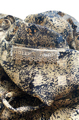 1970s Holly's Harp Silk Ribbon Chiffon Taupe & Black Print Dress