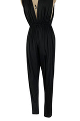 Iconic 1970s Halston Jersey Side & Front Plunging Black Jersey Jumpsuit