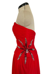 Prettiest 1970s Ruben Panis Side Beaded Red Jersey Dress w Convertible Straps