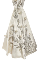 Gorgeous 1950s Emma Domb Ivory Matte Satin Dress w Sequin & 3D Flower Detailing