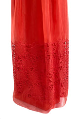 Resort 2015 Alberta Ferretti Red Silk Organza & Embroidered Lace Open Cut Work Dress
