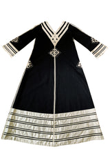 1960s Josefa Black Cotton, Gold Ribbon & Hand Embroidered Caftan Dress