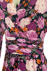 Pristine 1970s Jean-Louis Scherrer Haute Couture Pink Floral Print Silk Dress w Banded Waist