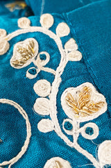 1970s Elaborately Embroidered Deep Turquoise Blue Silk Caftan Dress