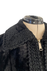 Fabulous 1960s Zip Front Flat Pile Faux Fur Black Coat w Wide Braided Edging Details