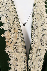 Wonderful 1920s Antique Hand Embroidered Crewel Deep Forest Green Wrap Robe or Coat