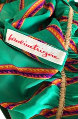 1970s Pauline Trigere Green Striped Silk Dress w Unusual Sleeves