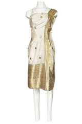 1960s Stavropoulos Gold Embroidered Ivory Silk One Shoulder Dress & Coat