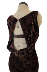Documented Fall 2004 Richard Tyler Brown Printed Floral Velvet & Beaded Dress w Train & Plunge Back