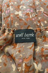 1970s Scott Barrie Off Shoulder Taupe Print Silk Chiffon Midi Dress