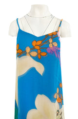 Extraordinary 1970s Hanae Mori Couture Pastel Turquoise Floral Print Silk Chiffon Dress & Jacket