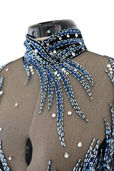 Incredible 1987 Bob Mackie Blue & Silver Beaded & Sequin Dress on Black Net
