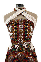 Fantastic 1970s Strapless Extended Multi Tie Bohemian Cotton Batik Print Dress