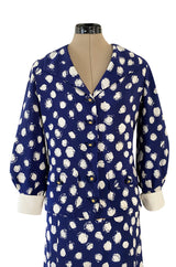 Spring 1977 Chanel Haute Couture Blue & White Silk Suit w Removable Collar