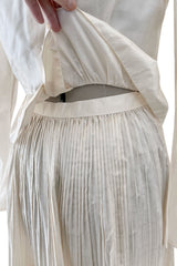 Gorgoeus Early 1980s Vicky Tiel Ivory Silk Pouf Shoulder Button Top & Pleated Skirt Set