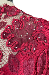 1986 Arnold Scaasi Couture Deep Red Lace Dress w Rhinestone Detailing & Trained Back Skirt