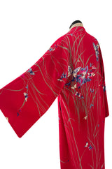 Gorgeous 1970s Hanae Mori Red Silk Kimono Caftan Dress w Sash & Beautiful Butterfly Print