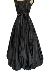Rare 1961 Norman Hartnell Couture Black Silk Taffeta Dress w Crystal Detailing
