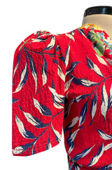 Gorgeous 1940s Unlabeled Cotton Pique Red & Bright Floral Print Dress w Original Belt