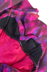 1980s Loris Azzaro Couture Strapless Deep Pink & Purple Printed Silk Mini Dress w Flare Skirt