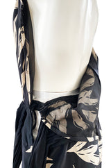 Gorgeous 1980s Valentino Haute Couture Black & Ivory Silk Print Plunging Halter Dress