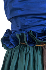 Dreamy 1970s James Galanos Blue Brown & Green Silk Dress w Ruffled Waist & Metallic Gold Trim