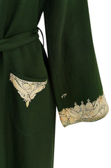 Wonderful 1920s Antique Hand Embroidered Crewel Deep Forest Green Wrap Robe or Coat