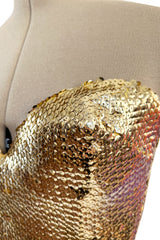 Glamorous 1976 Loris Azzaro Couture Strapless Metallic Gold Sequin & Silk Satin Dress