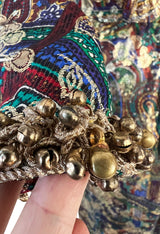 Fall 1990 Oscar de la Renta Metallic Gold Silk Lame Dress w Brass Bell Trim