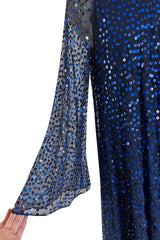 Incredible 1970-1972 Mollie Parnis Blue Sequin on Silk Chiffon Caftan Dress w Wide Sleeves