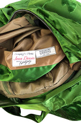 c.1955 Jean Desses Green Silk Dress w Fused Velvet Detailing