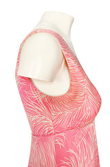 1960s Jerry Silverman Pink Print Mini Dress w Pink Feather Hem Detailing