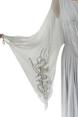 Magical 1970s Jean Varon Palest Silver Grey Chiffon Dress w Amgel Sleeves & Sequins