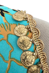 Gorgeous 1960s Unlabeled Tropical Blues Floral Print Jumpsuit w Gold Coin & Cord Detailing
