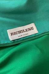 1960s Richiline Emerald Green Silk Dress w Pouf Sleeves & Rhinestone Detail